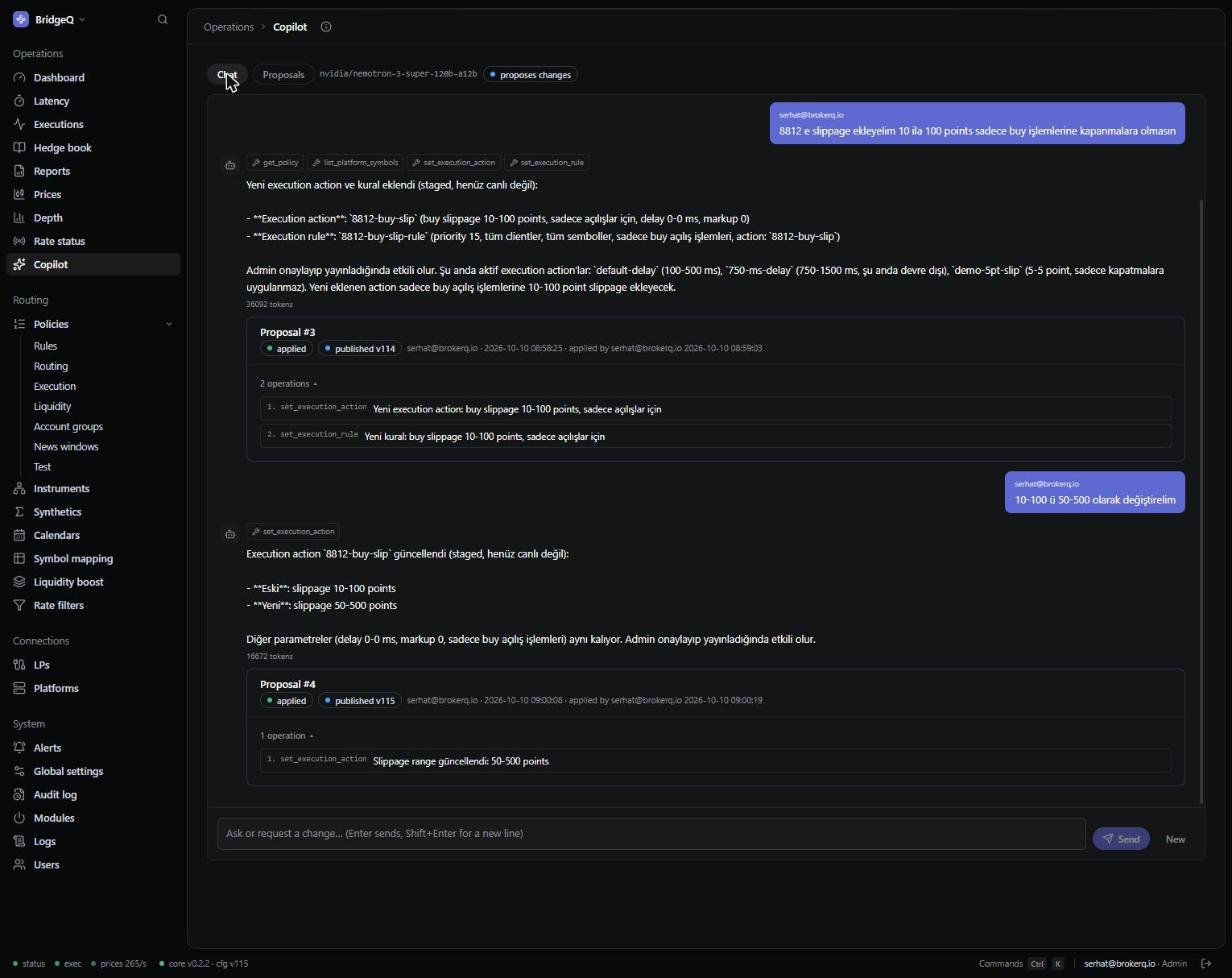 BridgeQ Copilot chat proposing a routing rule change