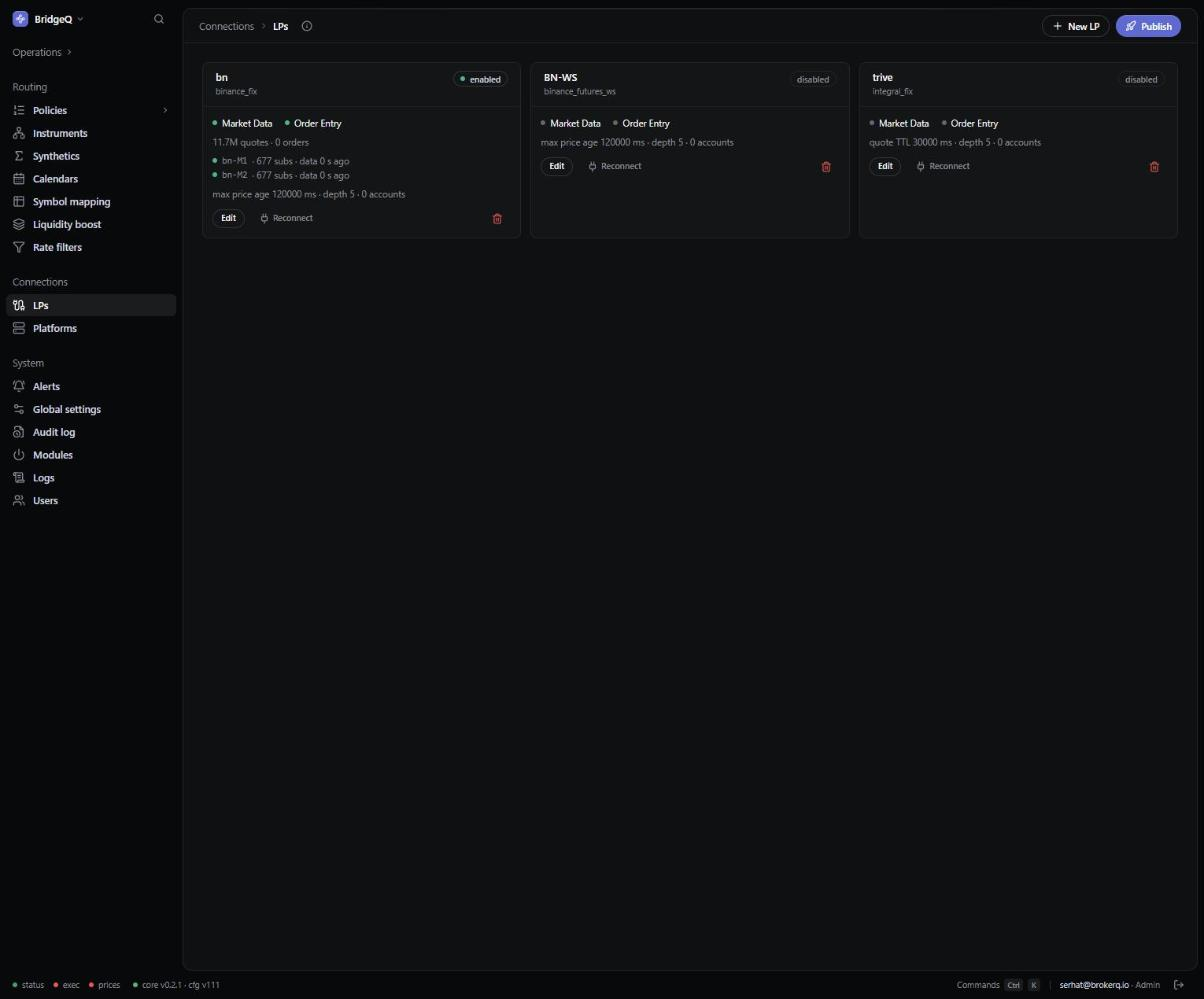 BridgeQ liquidity provider connections