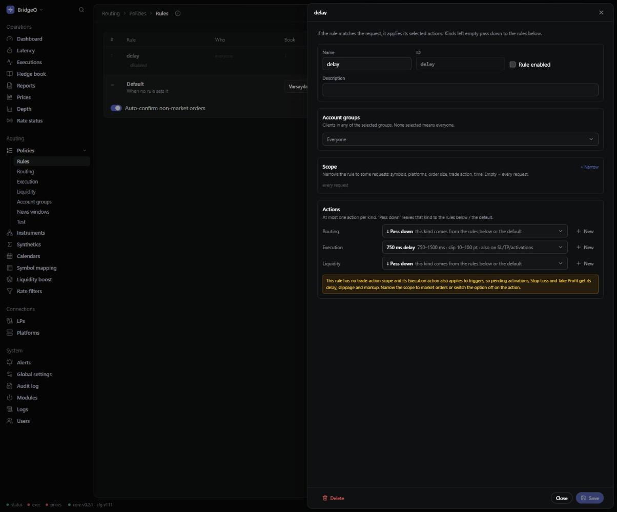 BridgeQ rule editor showing a delay and slippage action